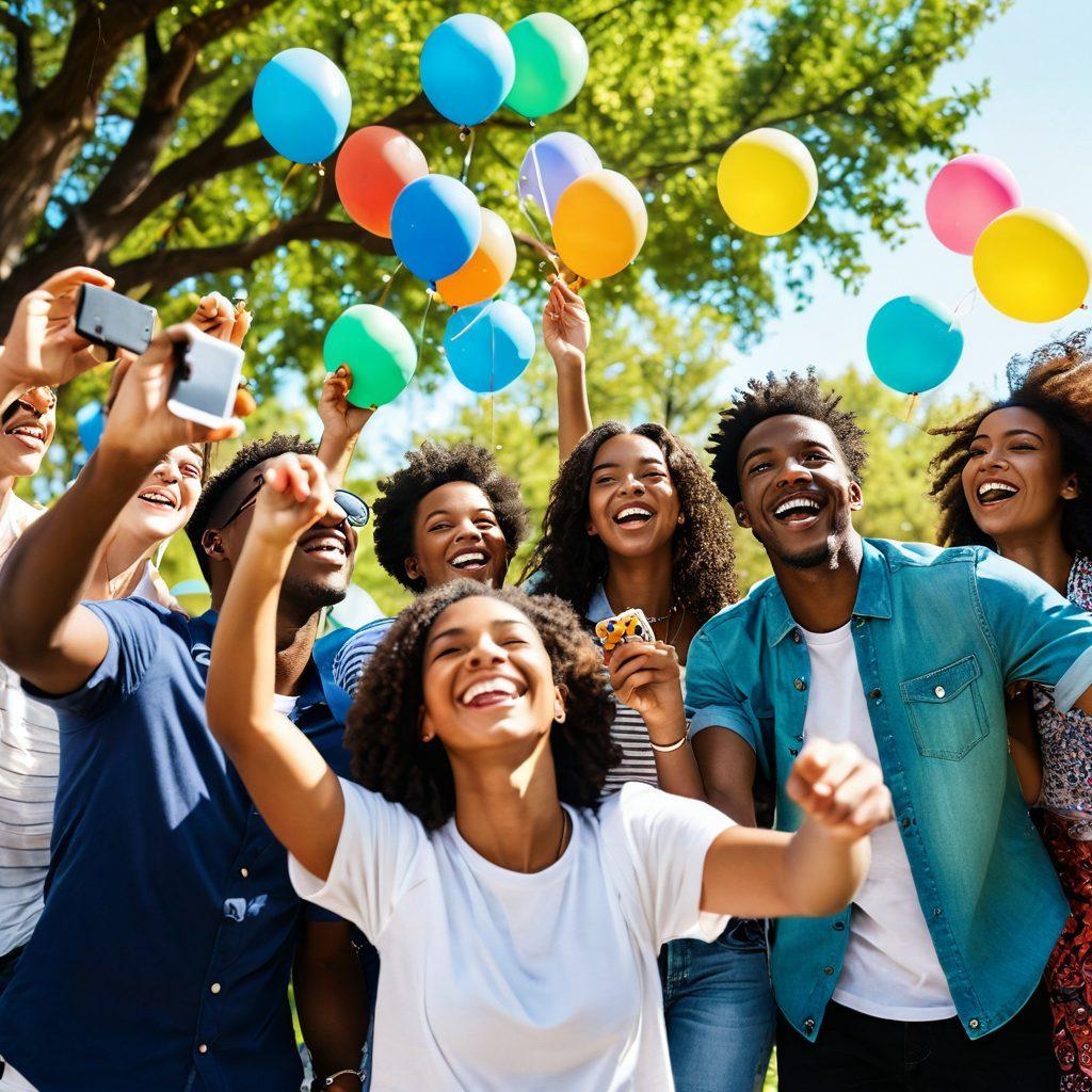 A joyful scene of a diverse group of friends capturing moments together with cameras, surrounded by colorful confetti and balloons, all set in a sunny park with lush green trees. The atmosphere is filled with laughter and energy, showcasing techniques like angles and light. Emphasize vibrant colors and dynamic poses to evoke happiness and celebration. super-realistic. vibrant colors. bright blue sky.