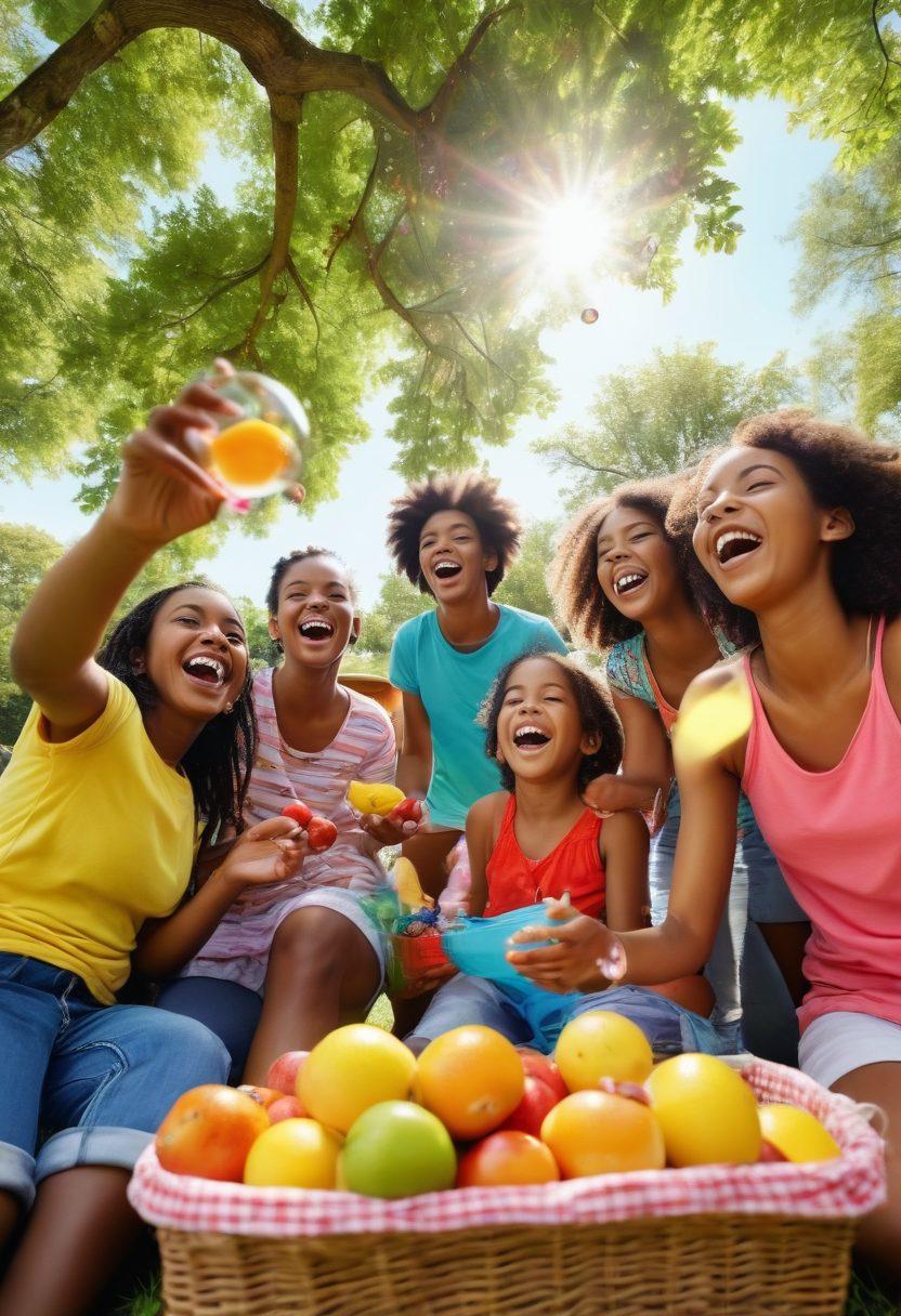 A vibrant scene of a diverse group of people laughing and enjoying a sunny picnic in a lush park, capturing candid moments with cameras. Bubbles floating in the air, children playing nearby, and a picnic basket filled with colorful fruits. The focus is on the joy radiating from their faces as they capture the essence of happiness. Bright and lively colors enhance the joyful atmosphere. super-realistic. vibrant colors. 3D.