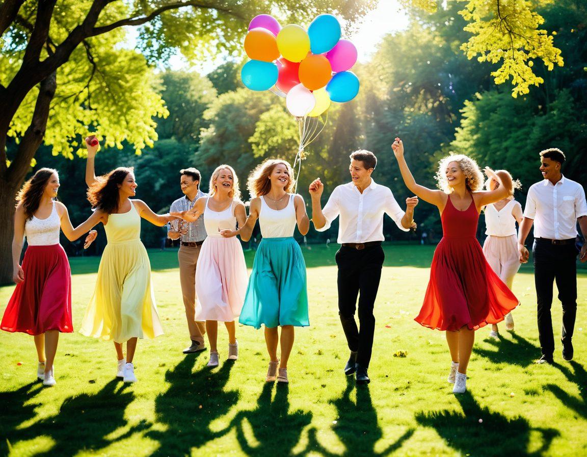 A whimsical scene depicting a diverse group of people joyfully engaged in various activities, such as dancing, laughing, and celebrating in a sunlit park. Capture the warmth of the moment with bright, vivid colors and playful elements like balloons and petals in the air. Include a vintage-style camera in the foreground, symbolizing the art of photography. super-realistic. vibrant colors.